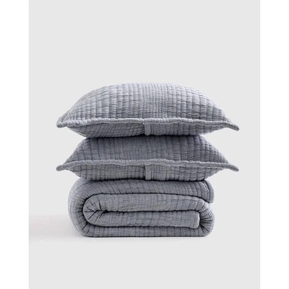 Quince Organic Cotton Channel Stitch Coverlet Set Full | Queen Blue NEW